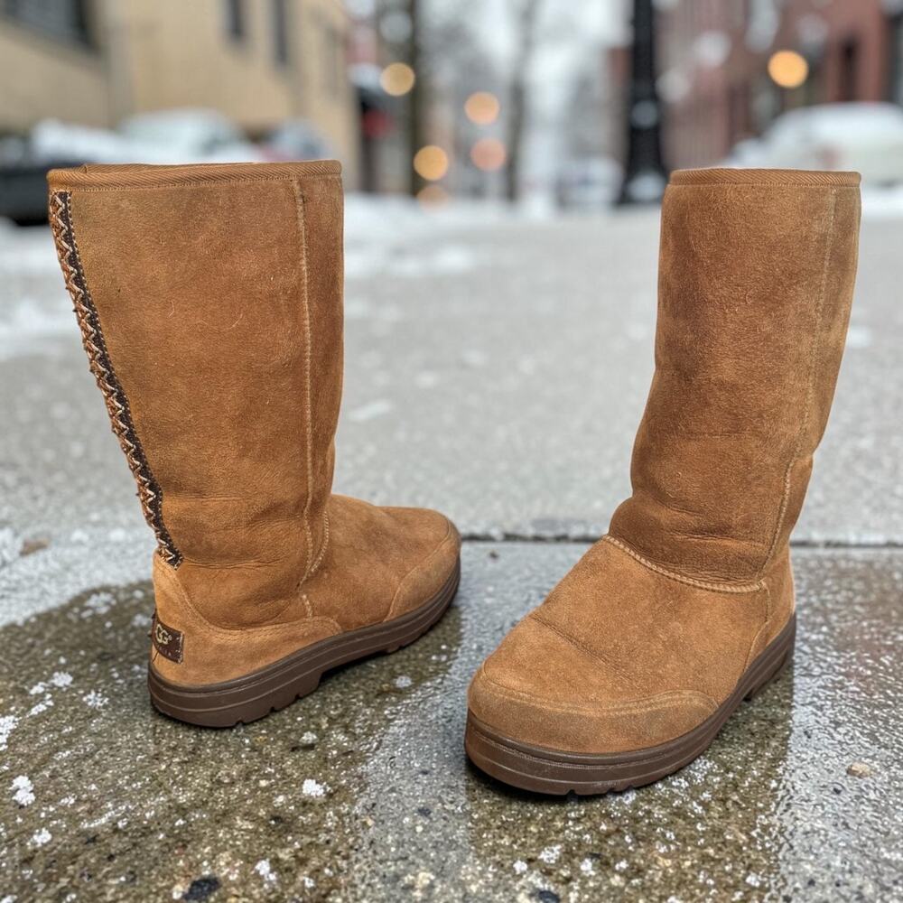UGG Women's 6 Tan Tasman Sheepskin & Pure Wool Lined Braided Ultra Tall Boots